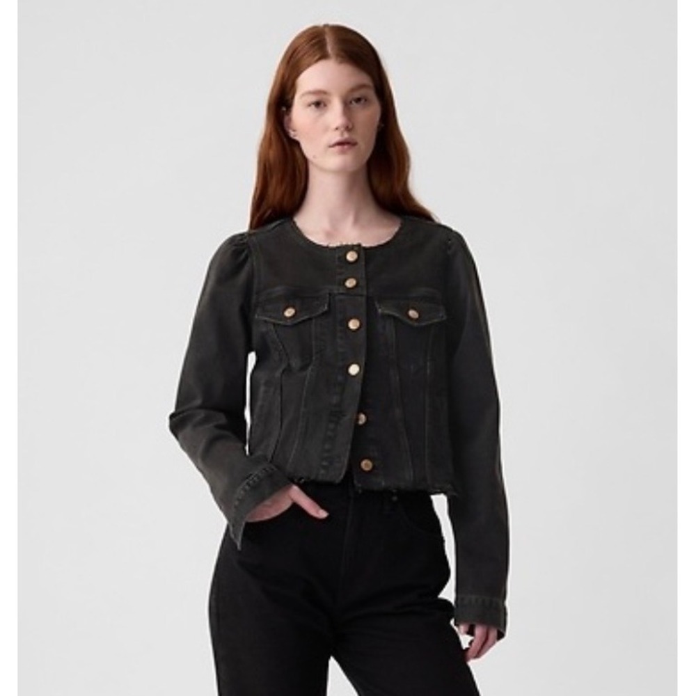 Gap Women Collarless Puff Sleeve Cropped Icon Denim Jacket Black Size XS Petite